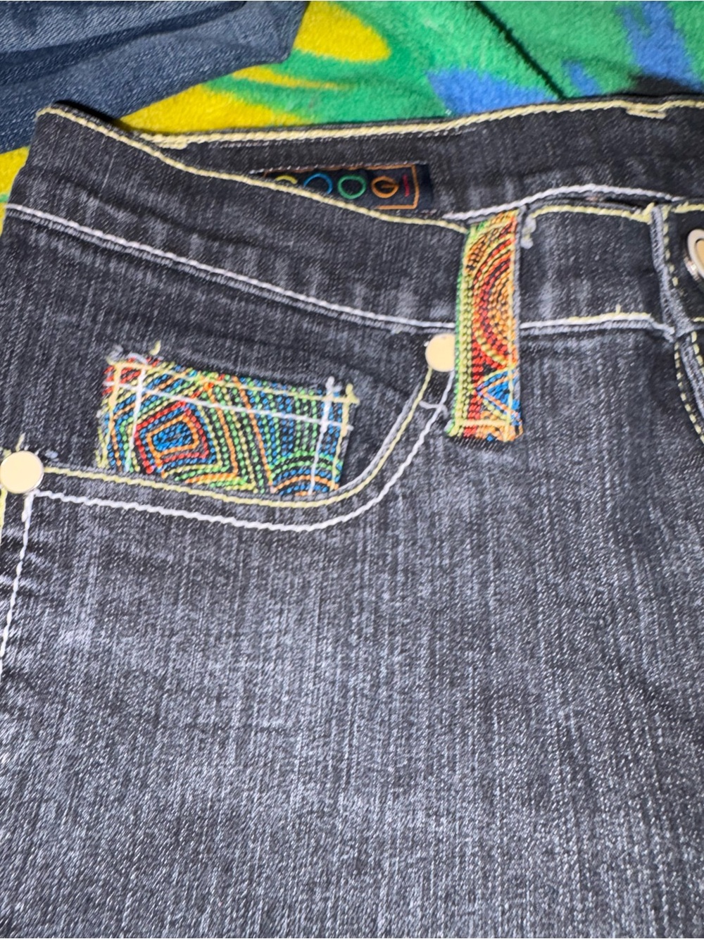 Coogi Dark Wash Jeans with Colorful Embroidered Trim - Picture 4 of 9